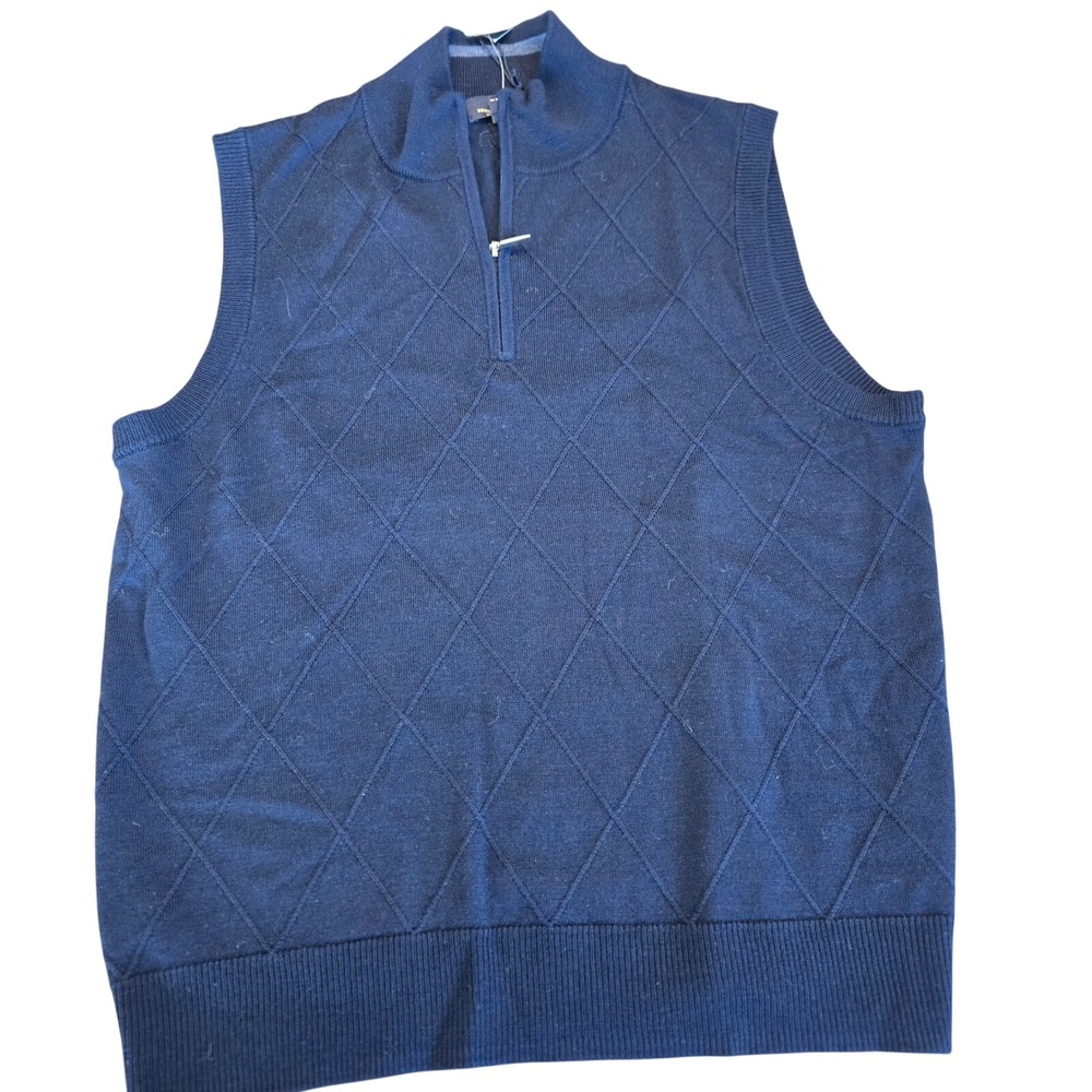 Brooks Brothers Mens Navy Extra Fine Merino Wool Argyle Quarter Zip Vest Medium